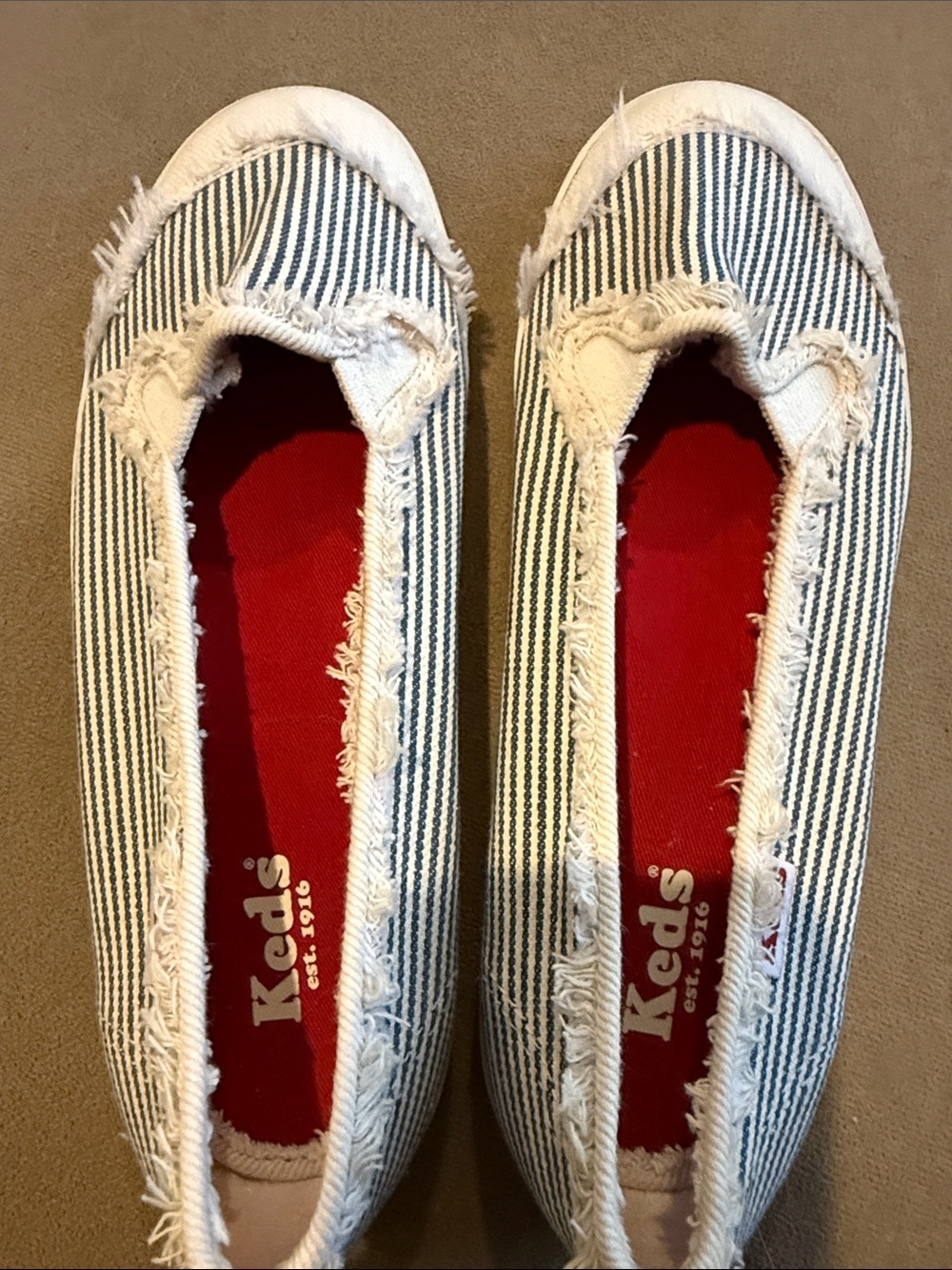 Women’s Striped Slip-On Flats in Navy and White with Red Insole